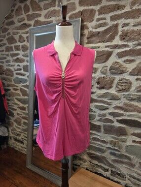 Michael Kors Hot Pink Rusched Sleeveless Polo Zip-Up Tank